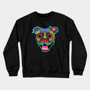 Smiling Pit Bull in Blue - Day of the Dead Pitbull Sugar Skull Dog Crewneck Sweatshirt